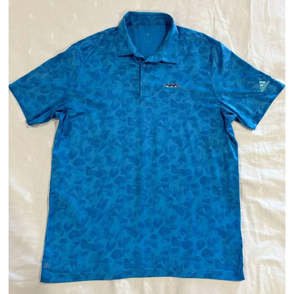 Adidas Mens Blue Tonal Leaf Print Golf Polo Shirt Large Mountain Logo Short Slv‎